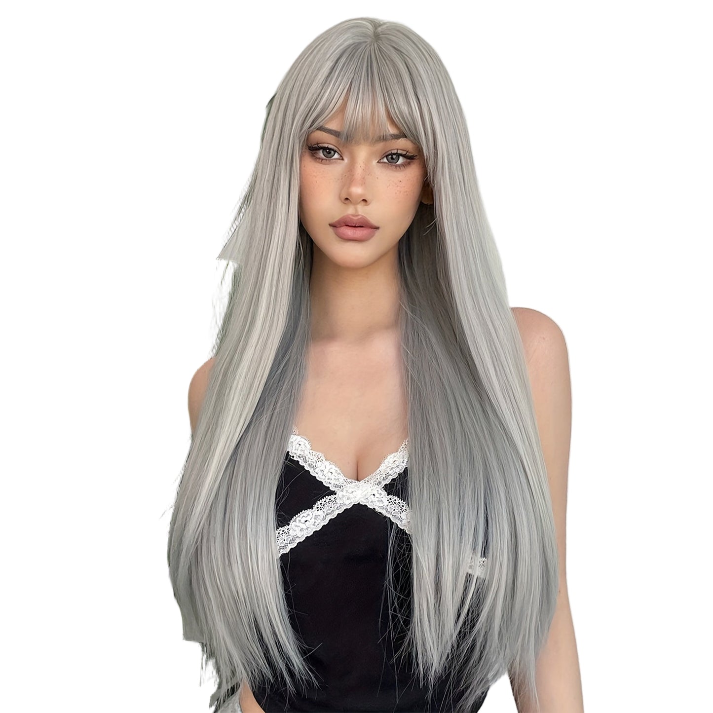 Silvery grey long straight wig from LuckeLadybug LLC with natural-looking hair texture