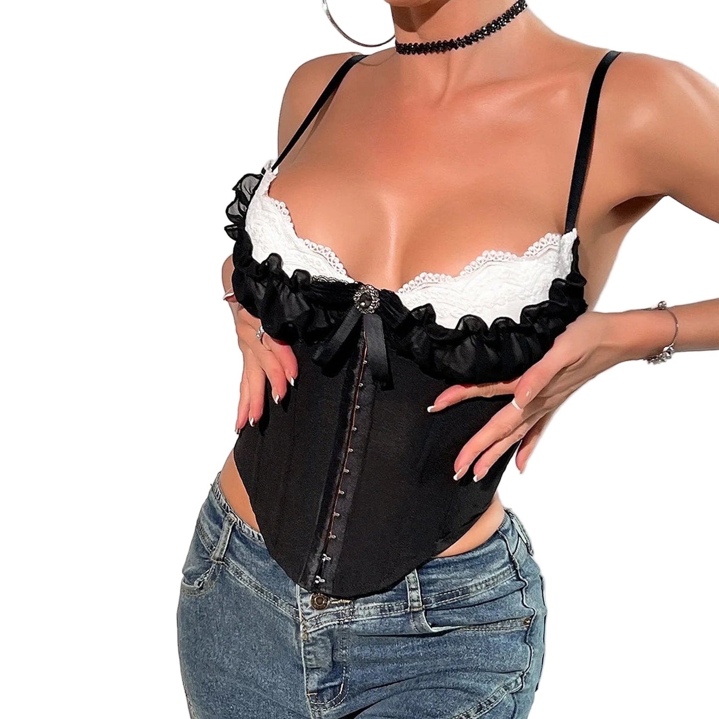 Stylish sexy mesh corset top with lace trim and fitted design, perfect for a night out.