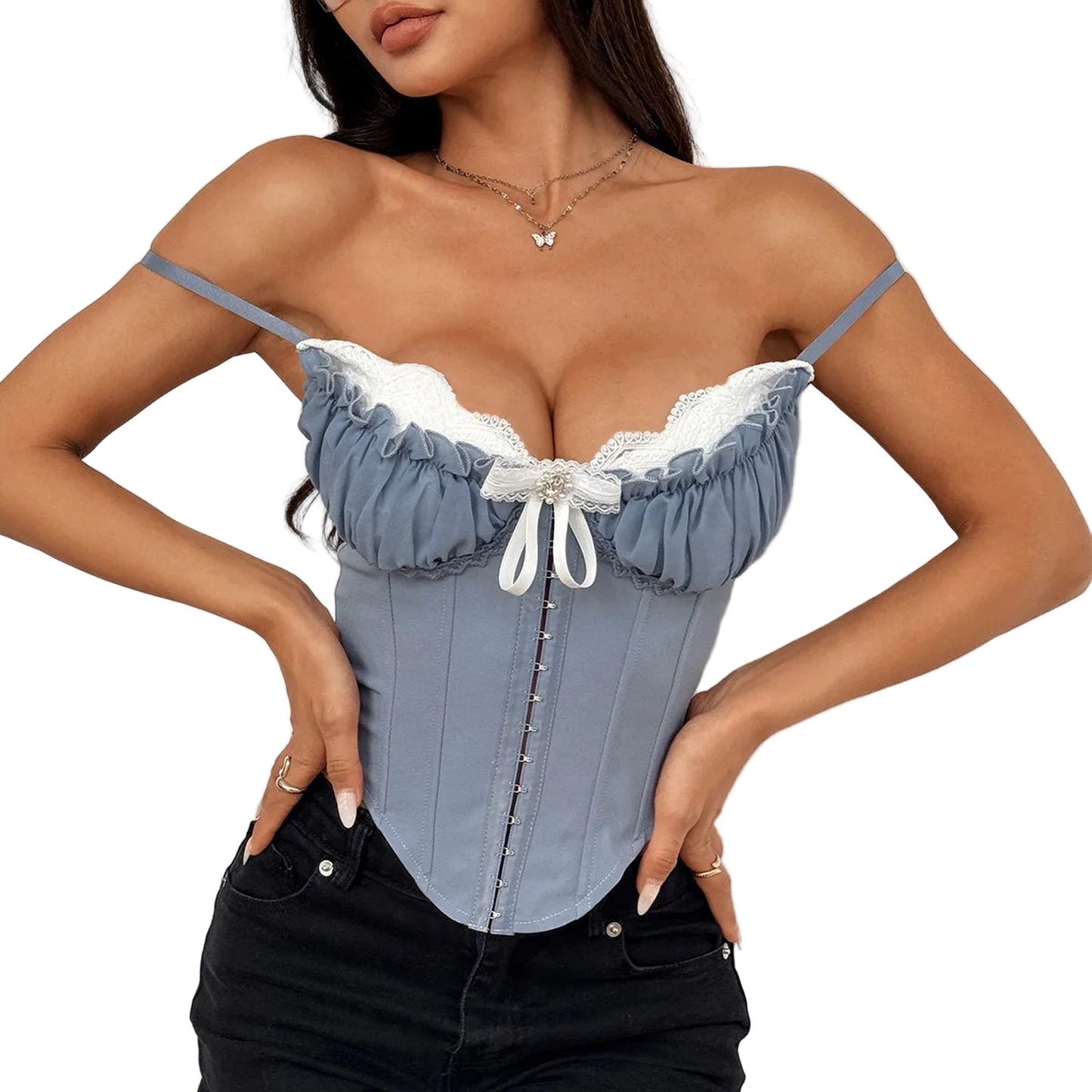 Stylish sexy mesh corset top in blue with lace trim and adjustable straps for a flattering fit