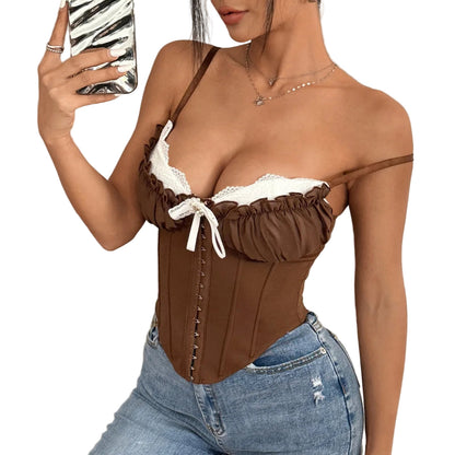 Brown sexy mesh corset top with lace trim and adjustable straps for a chic look