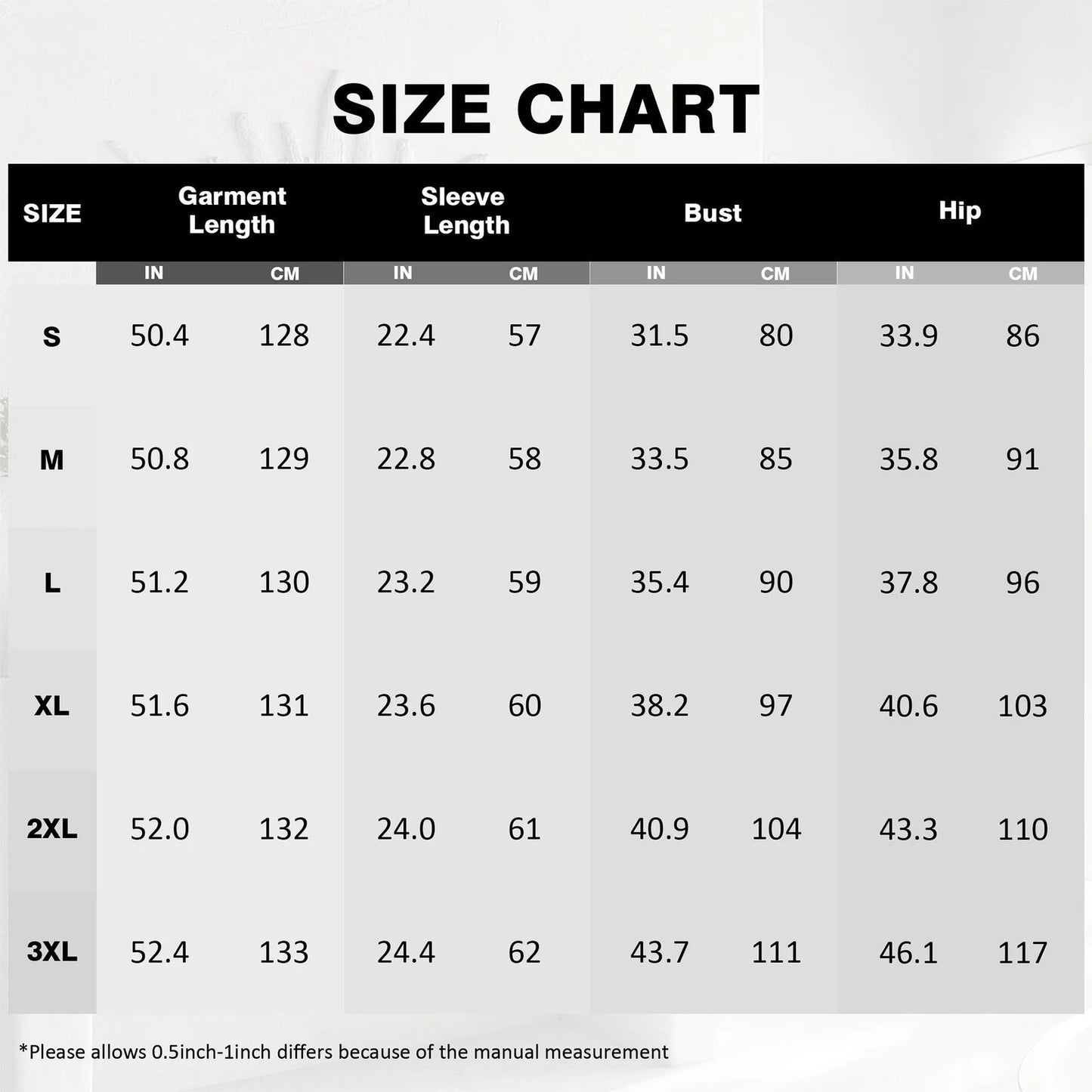 Size chart for LuckeLadybug LLC off shoulder floral mermaid dress with measurements for all sizes