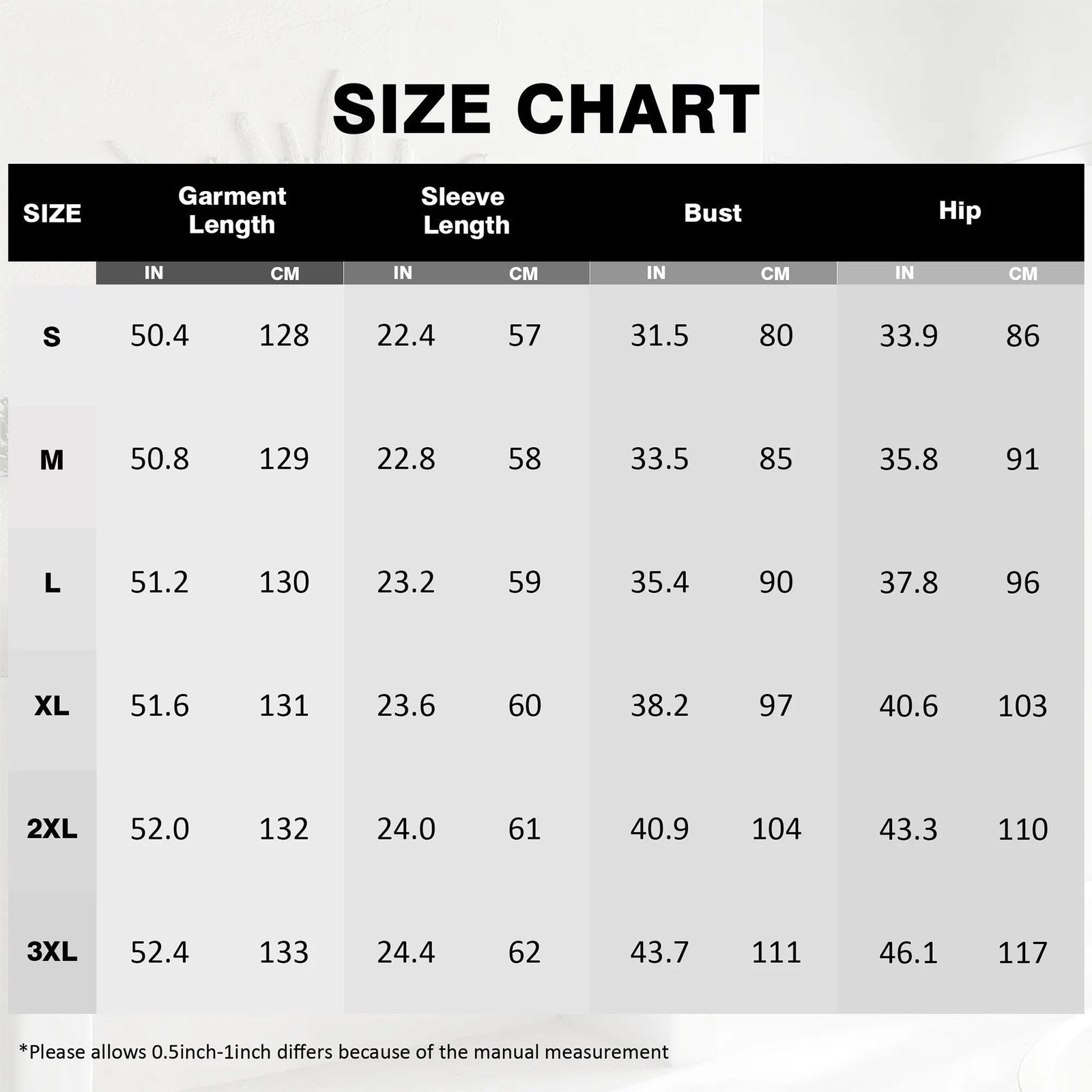 Size chart for LuckeLadybug LLC off shoulder floral mermaid dress with measurements for all sizes
