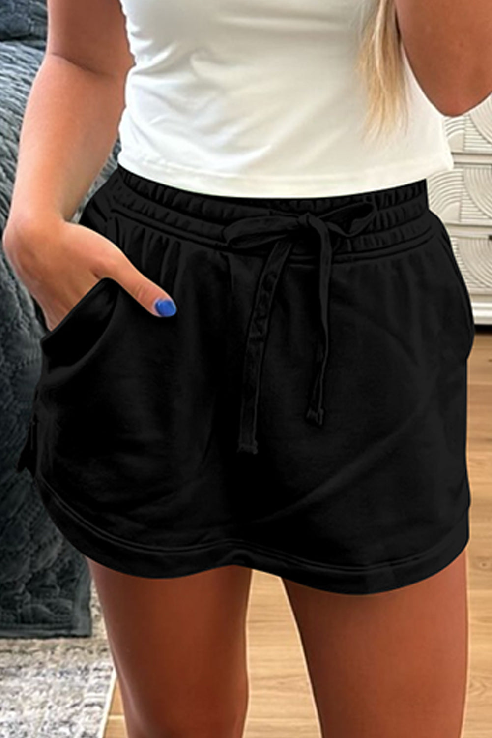 Light Grey French Terry Drawstring Elastic Waistband Mini Skort with Pockets