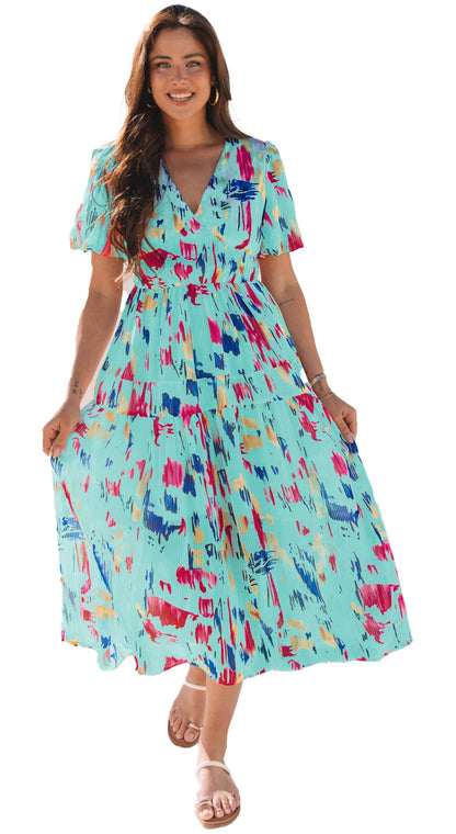 Sky blue abstract maxi dress with colorful splashes, perfect for summer outings and casual events
