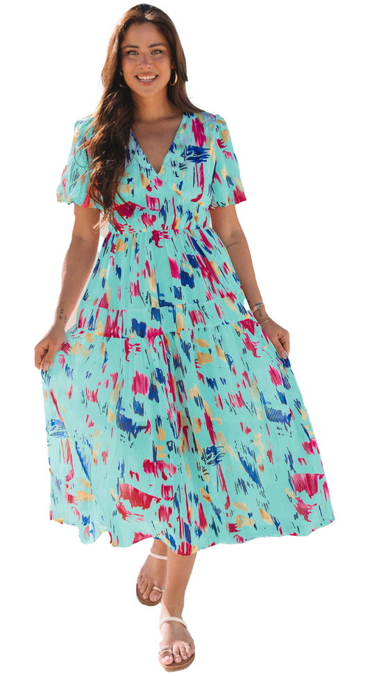Sky blue abstract maxi dress with colorful splashes, perfect for summer outings and casual events