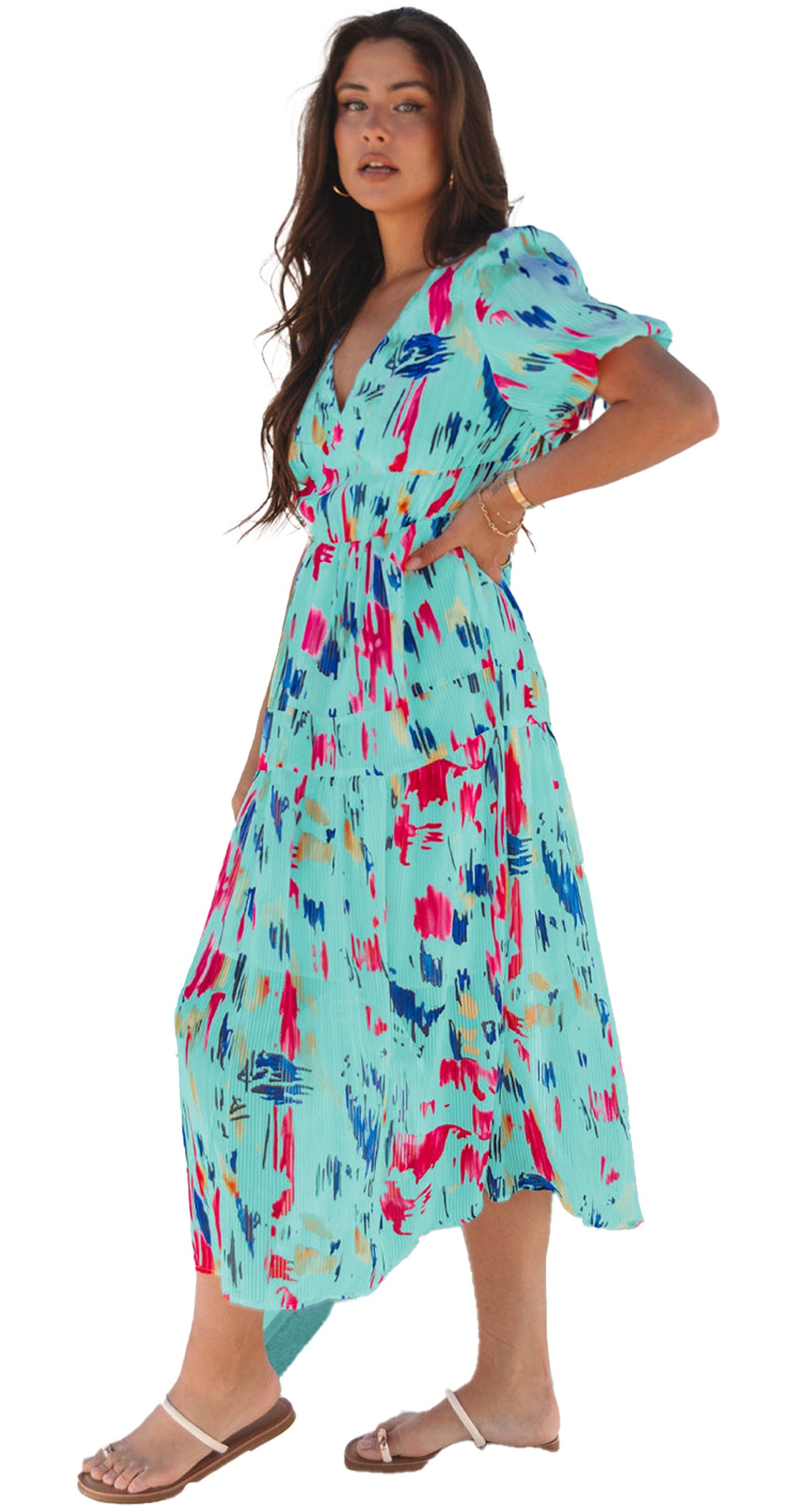 LuckeLadybug sky blue abstract maxi dress with colorful patterns and a flattering silhouette