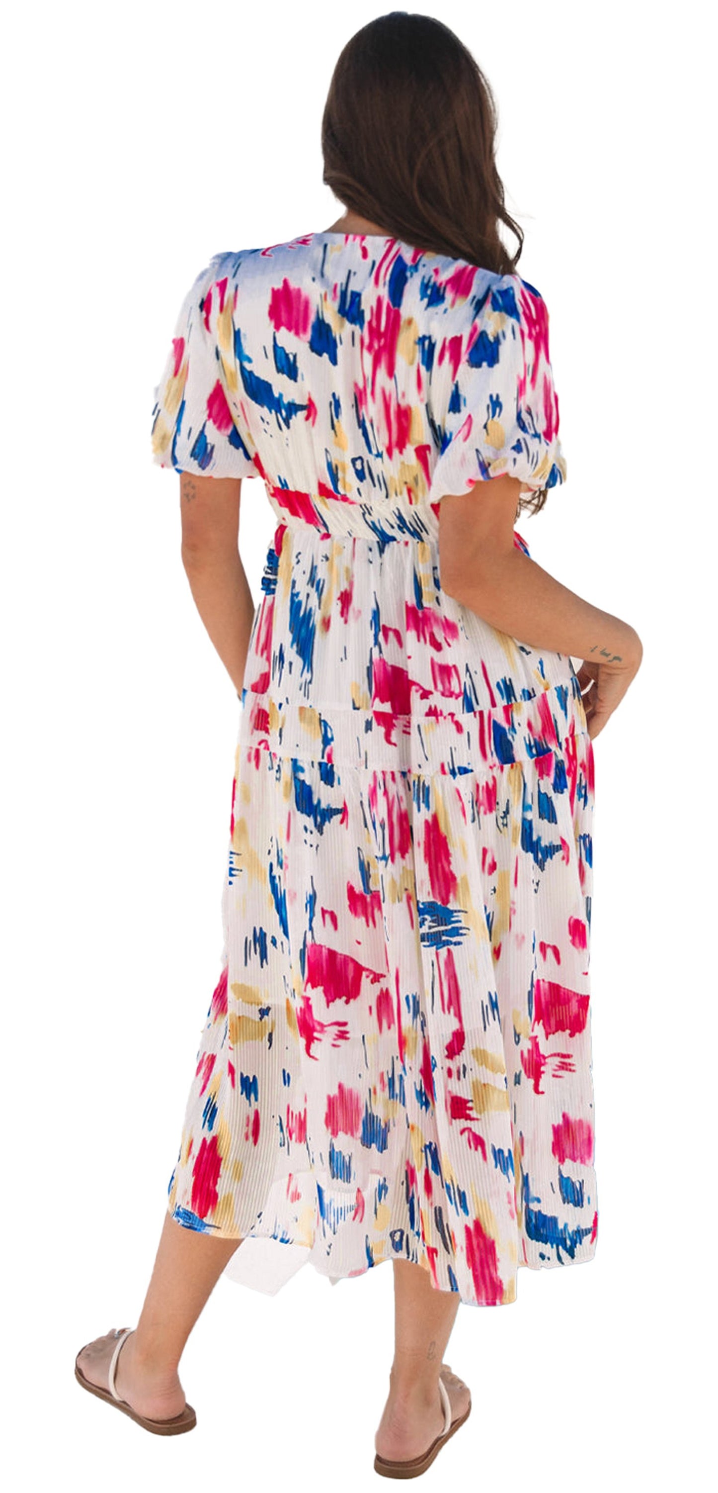 Sky blue abstract maxi dress with a colorful pattern and relaxed fit, perfect for summer outings