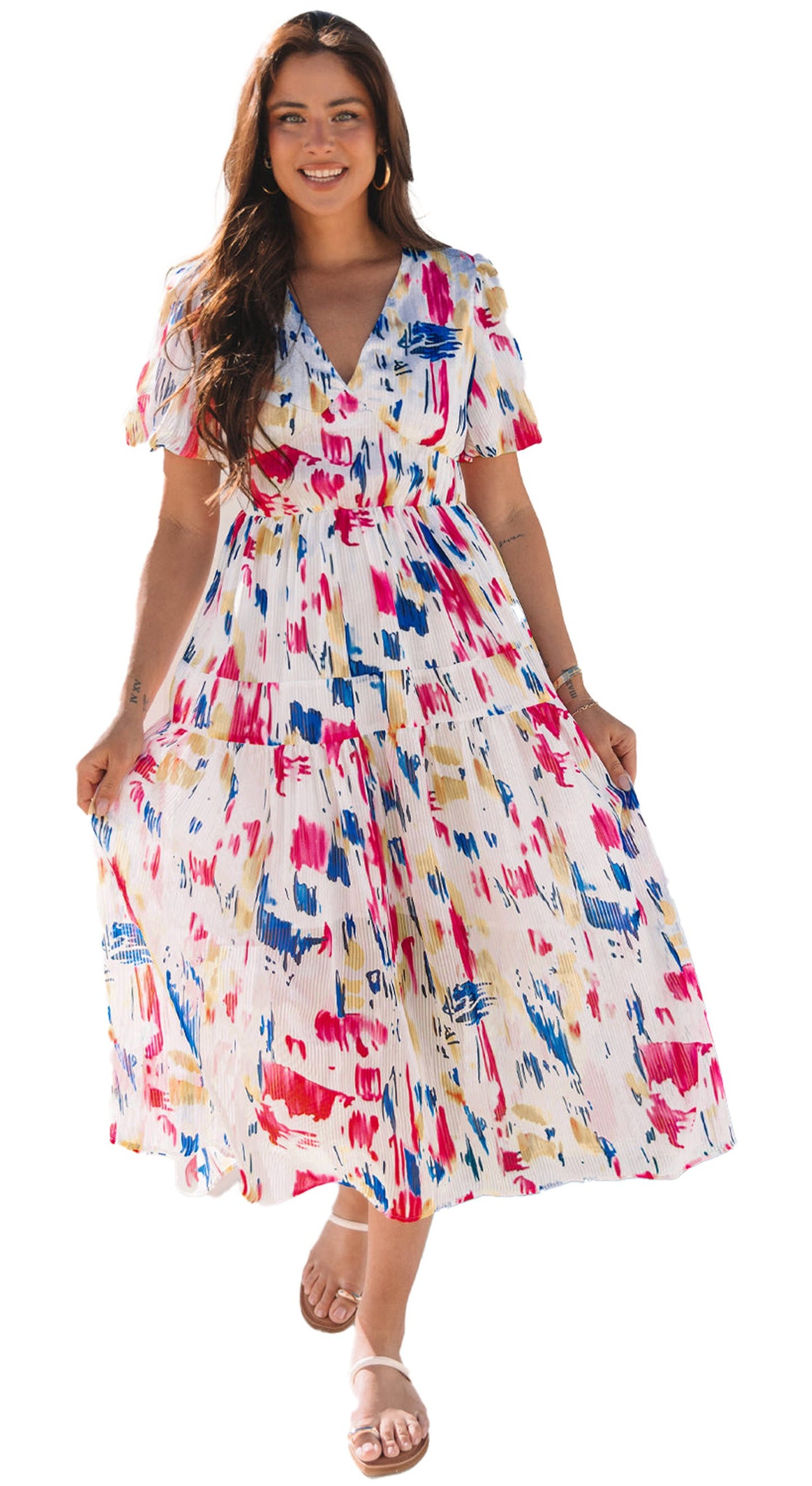 LuckeLadybug sky blue abstract maxi dress with colorful patterns for a stylish summer look