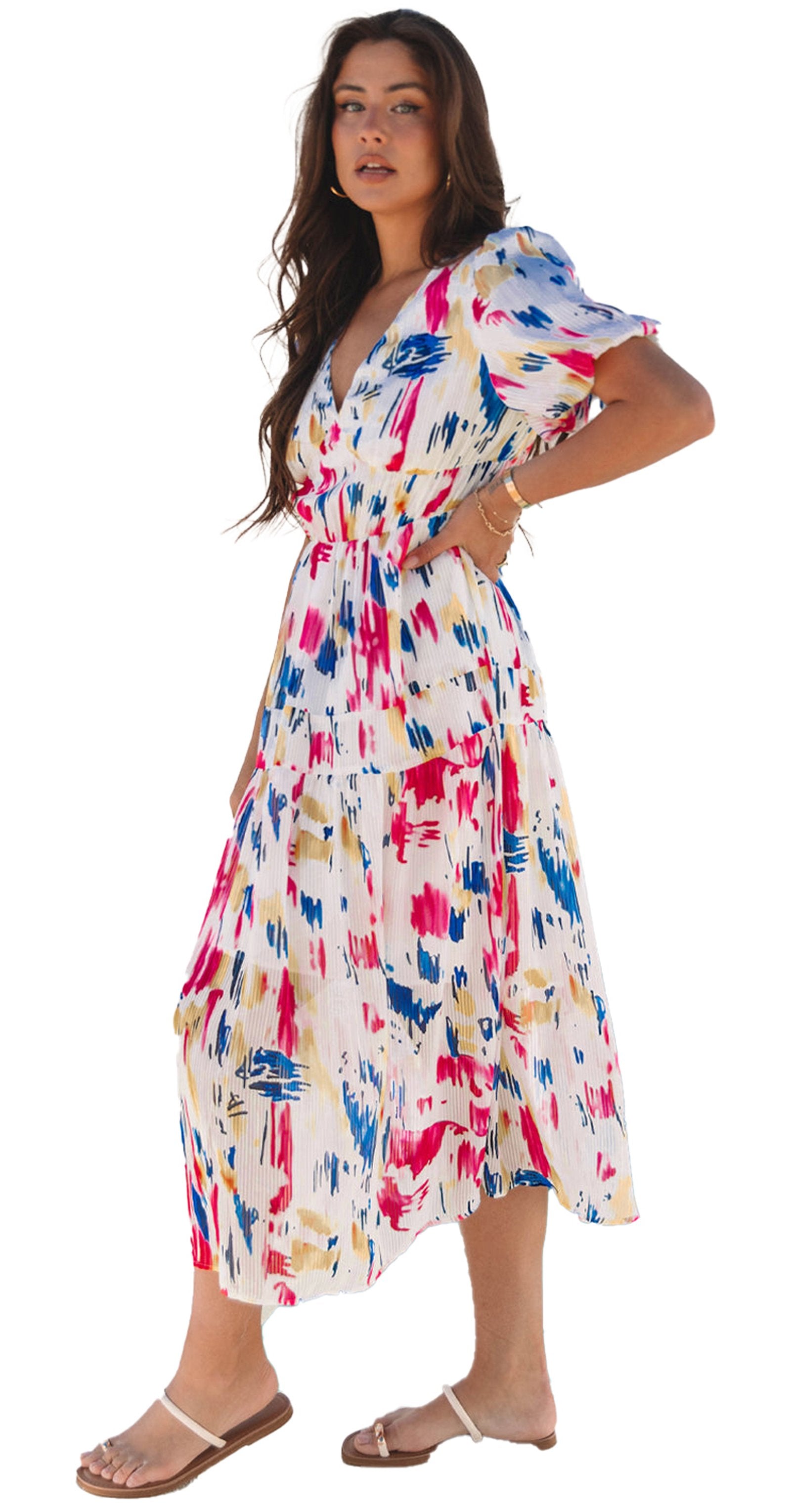 LuckeLadybug sky blue abstract maxi dress with colorful patterns and a flattering silhouette