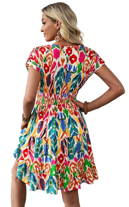 Sky blue abstract print mini dress with colorful floral patterns and a relaxed fit for casual outings