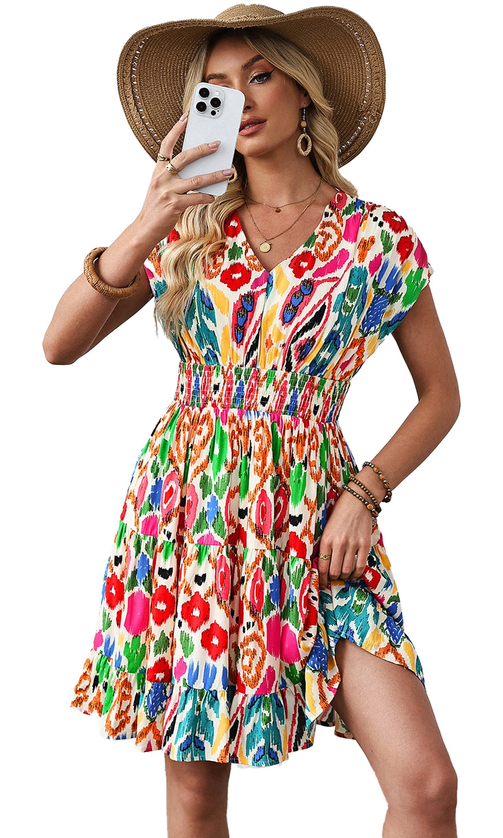 LuckeLadybug sky blue abstract print mini dress with colorful floral pattern and flattering smocked waist