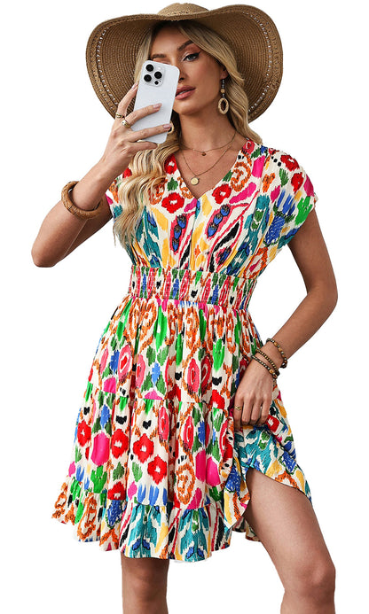LuckeLadybug sky blue abstract print mini dress with colorful floral pattern and flattering smocked waist