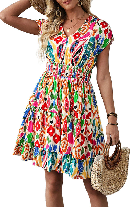 LuckeLadybug sky blue abstract print mini dress with colorful floral patterns and a flared skirt