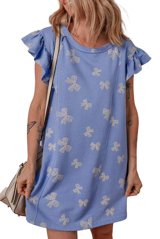 LuckeLadybug sky blue bow knot mini dress featuring ruffled sleeves and a playful bow pattern