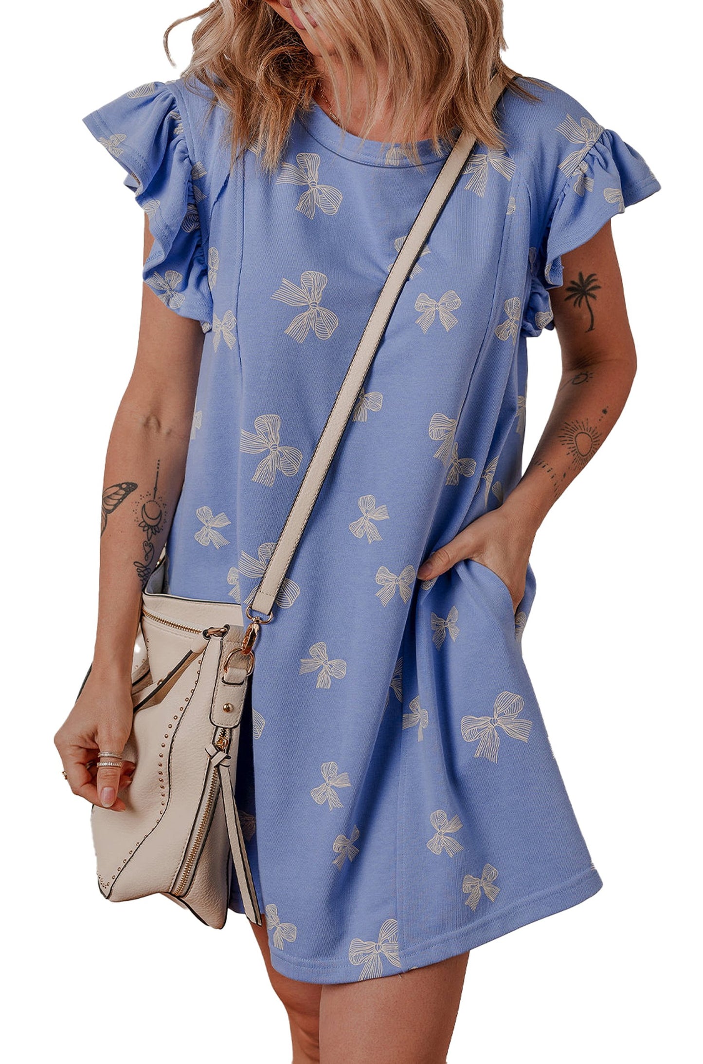 Sky blue bow knot mini dress with ruffled sleeves and pockets, perfect for casual outings