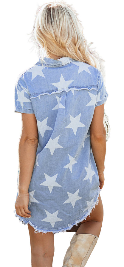 Sky blue denim dress women featuring a star pattern and a frayed hem for a casual look