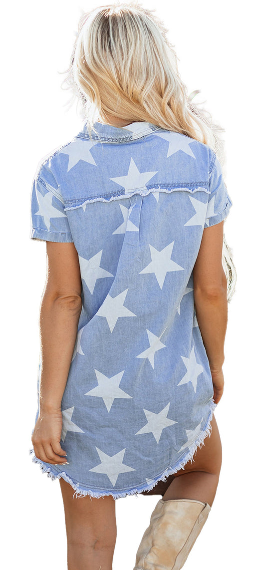 Sky blue denim dress women featuring a star pattern and a frayed hem for a casual look