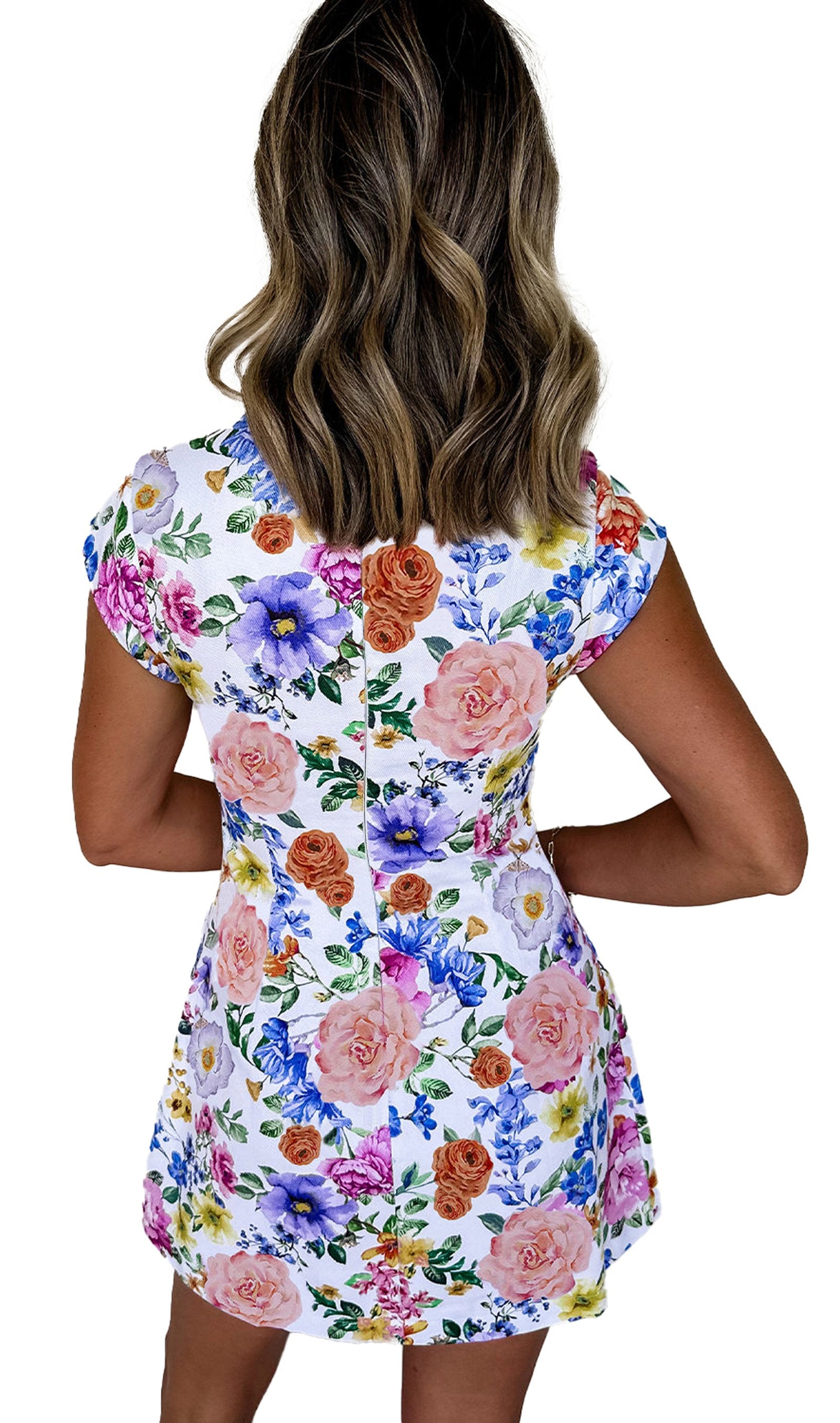 Sky blue floral mini dress by LuckeLadybug featuring colorful floral patterns and a fitted design