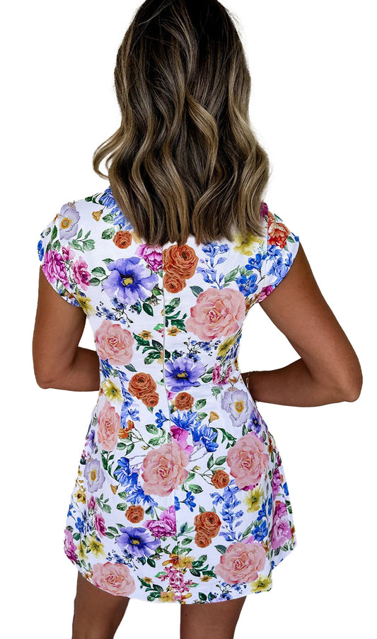 Sky blue floral mini dress by LuckeLadybug featuring colorful floral patterns and a fitted design