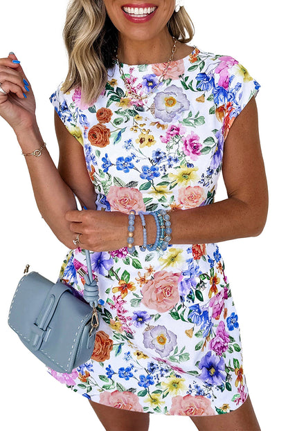 LuckeLadybug sky blue floral mini dress featuring vibrant floral print and cap sleeves for a stylish look