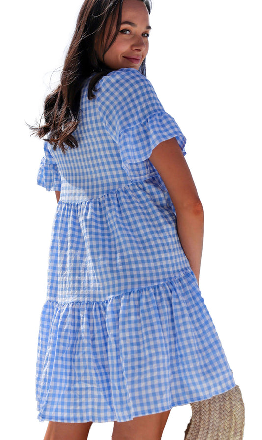 LuckeLadybug sky blue gingham mini dress with ruffle sleeves and tiered design