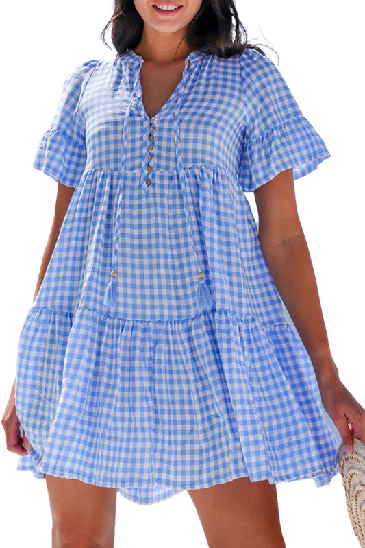 LuckeLadybug sky blue gingham mini dress with short sleeves and button detail for casual wear