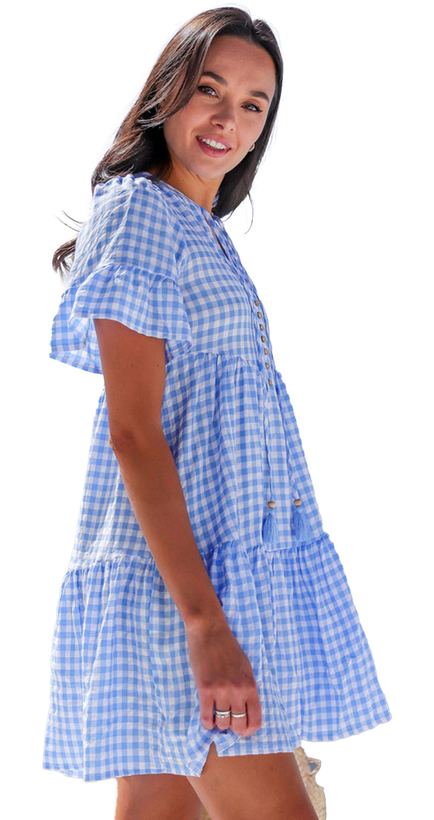 Sky blue gingham mini dress with short sleeves and button details for a casual summer look