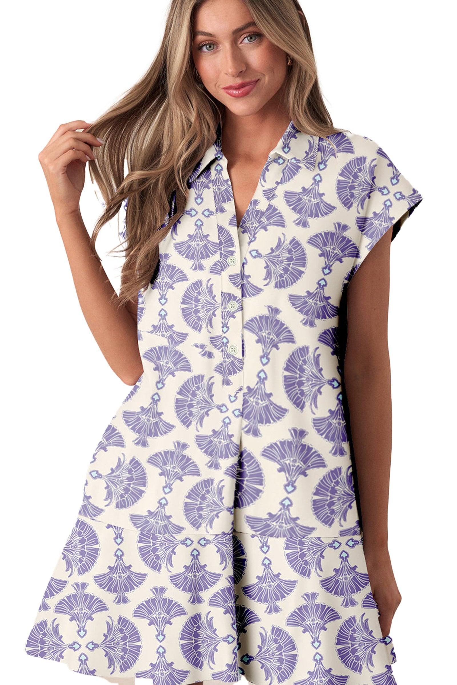 Elegant sky blue printed mini dress with a modern design, perfect for casual outings