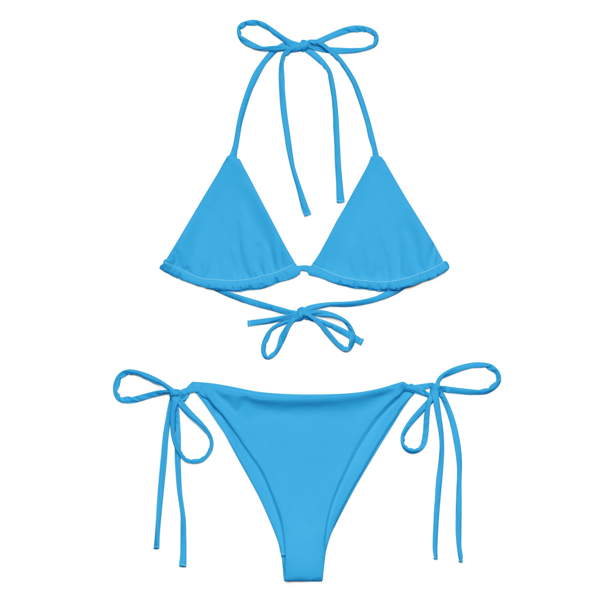 Sky blue string bikini with triangle top and adjustable tie-side bottoms from LuckeLadybug LLC