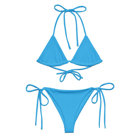 Sky blue string bikini with triangle top and adjustable tie-side bottoms from LuckeLadybug LLC