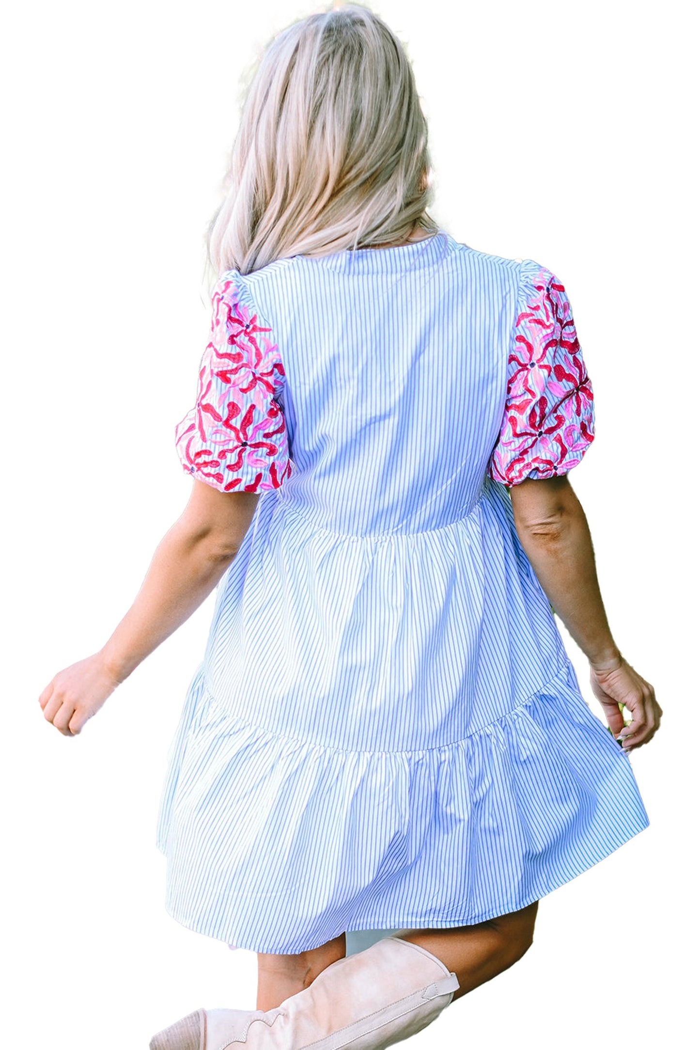 Back view of a sky blue striped floral dress with colorful puff sleeves for a casual summer look