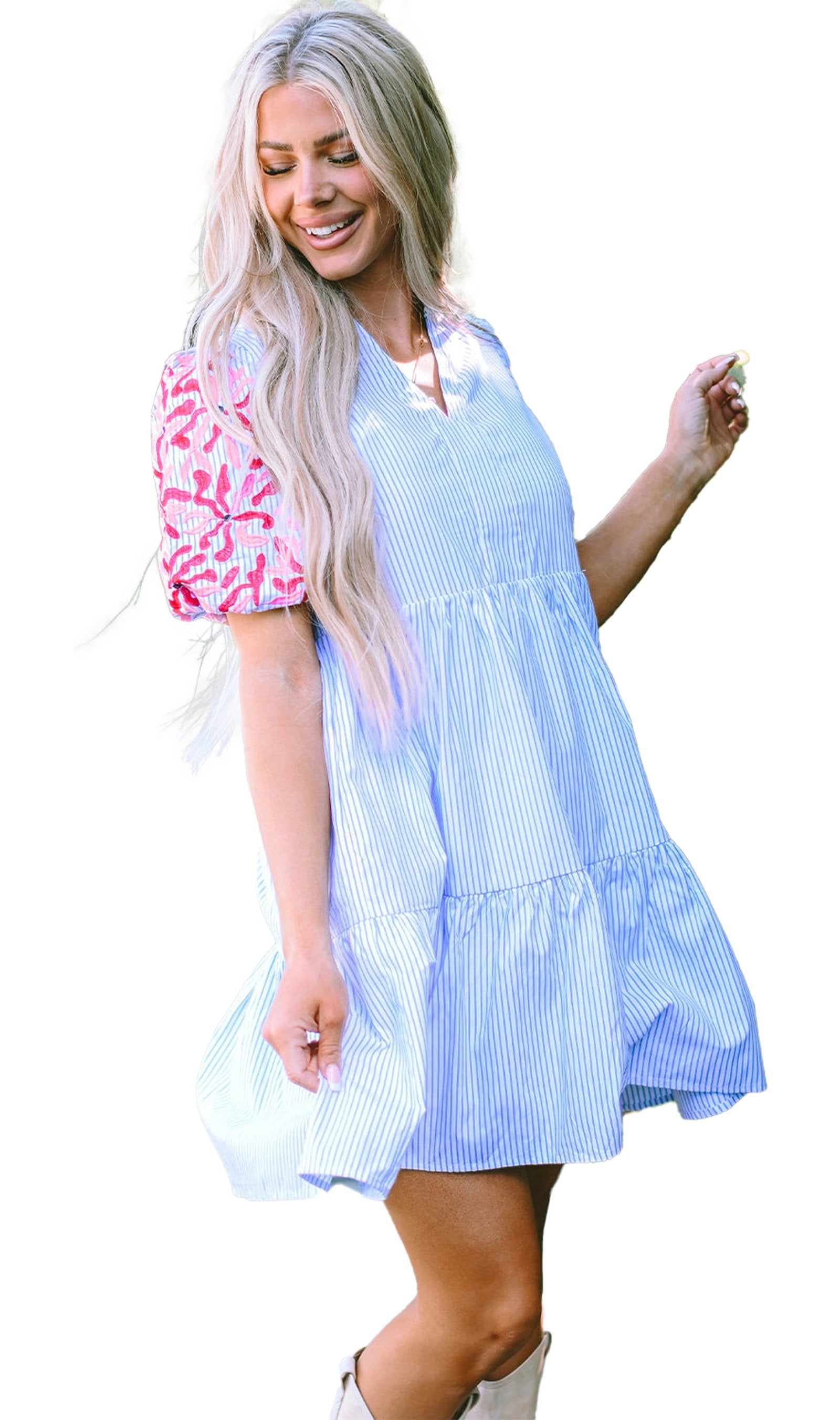LuckeLadybug sky blue striped floral dress with vibrant sleeves and a flowy fit perfect for casual outings