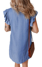 Back view of a sky blue striped ruffle sleeve dress with a relaxed fit and stylish design