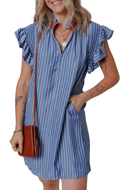 Sky blue striped ruffle sleeve dress with a button design and relaxed fit for casual outings
