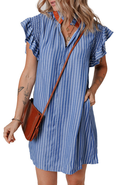 Sky blue striped ruffle sleeve dress featuring a relaxed fit and stylish design for casual wear