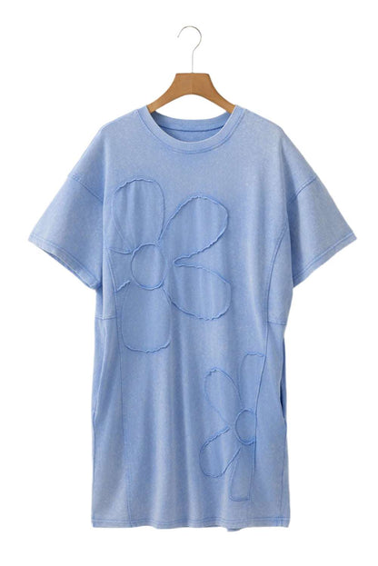 LuckeLadybug LLC sky blue t shirt dress with large floral embroidery and short sleeves on hanger