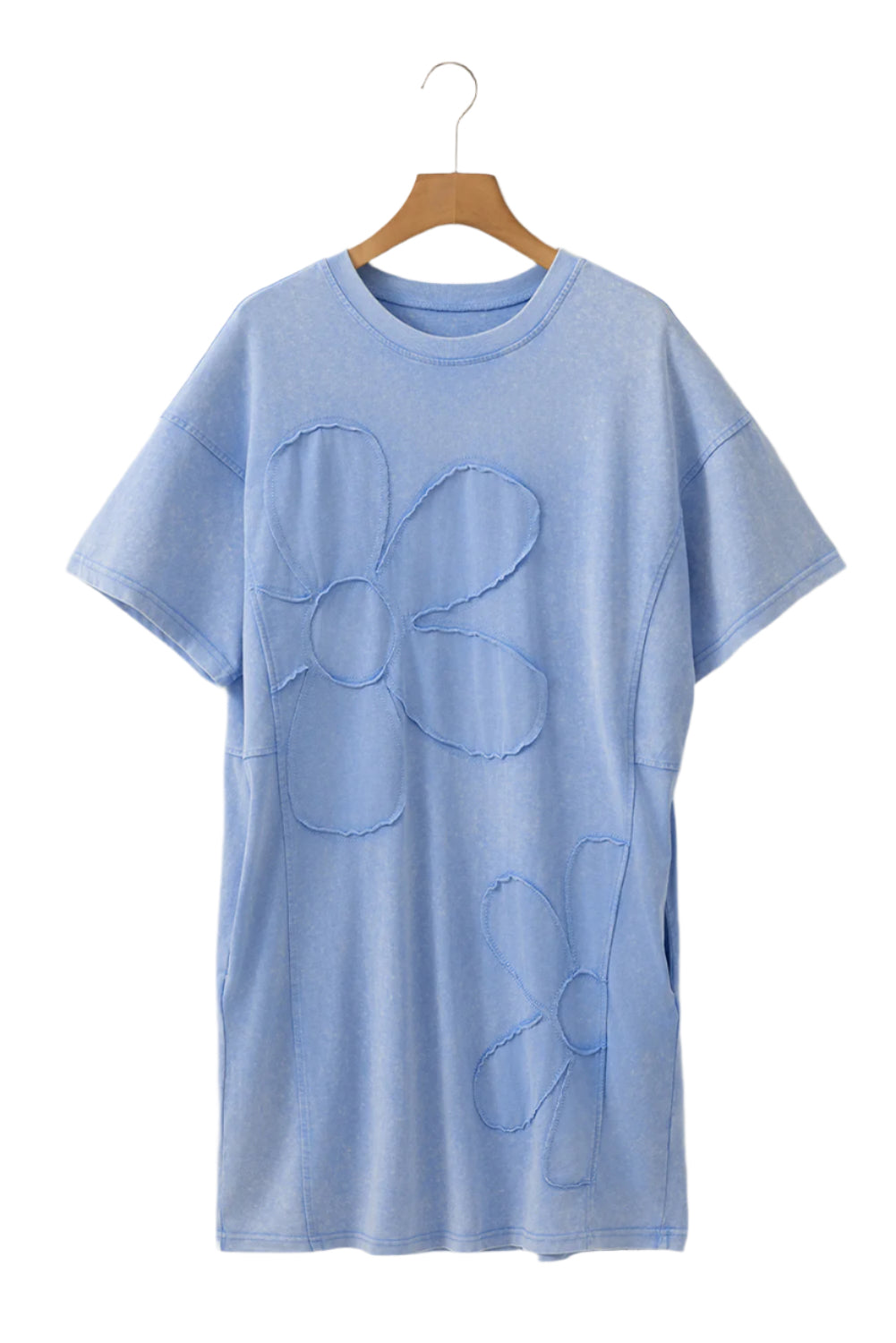 LuckeLadybug LLC sky blue t shirt dress with large floral embroidery and short sleeves on hanger