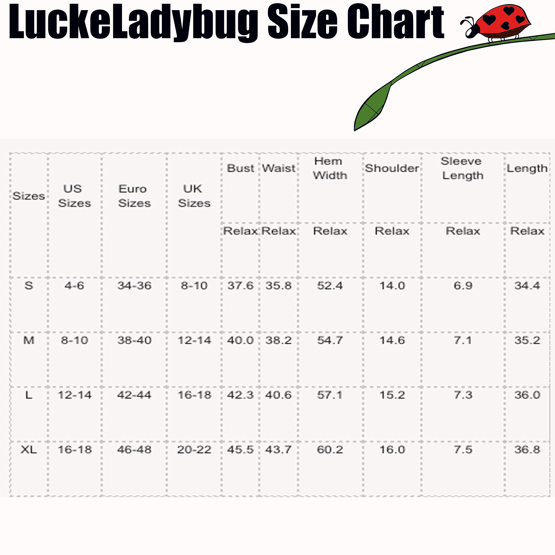 LuckeLadybug size chart for sky blue t shirt dress showing bust waist hem shoulder sleeve length measurements