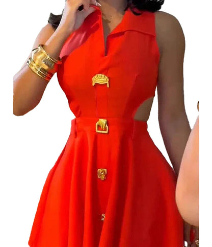 Stylish red sleeveless a-line mini dress with a collared neckline and button details