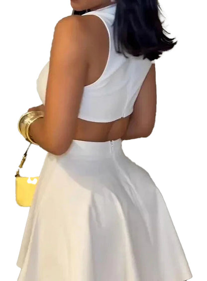 Back view of a sleeveless a-line mini dress in white, featuring a cropped top design with a flared skirt