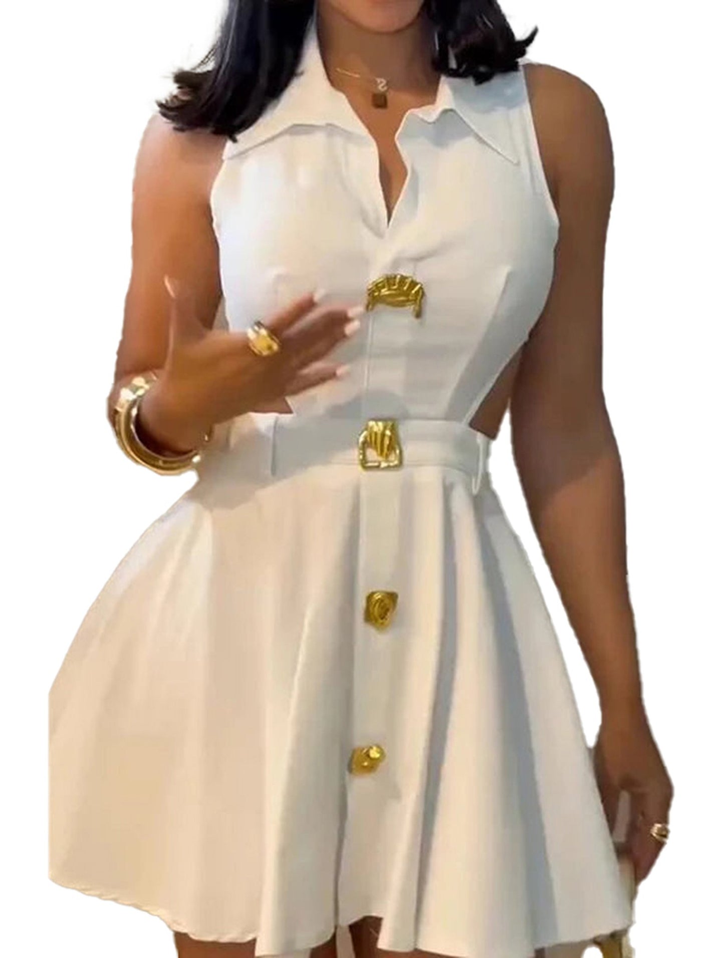 White sleeveless a-line mini dress with front buttons and stylish cut-out design
