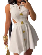LuckeLadybug LLC Sleeveless A-Line Mini Dress in White with Button Details and Cut-Out Sides