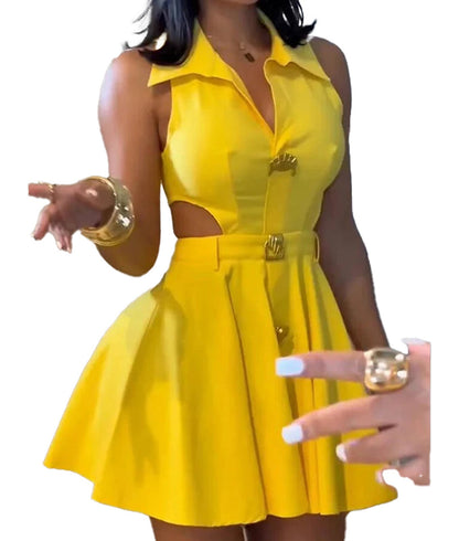 LuckeLadybug LLC Yellow Sleeveless A-Line Mini Dress with Cutout Design and Flared Skirt