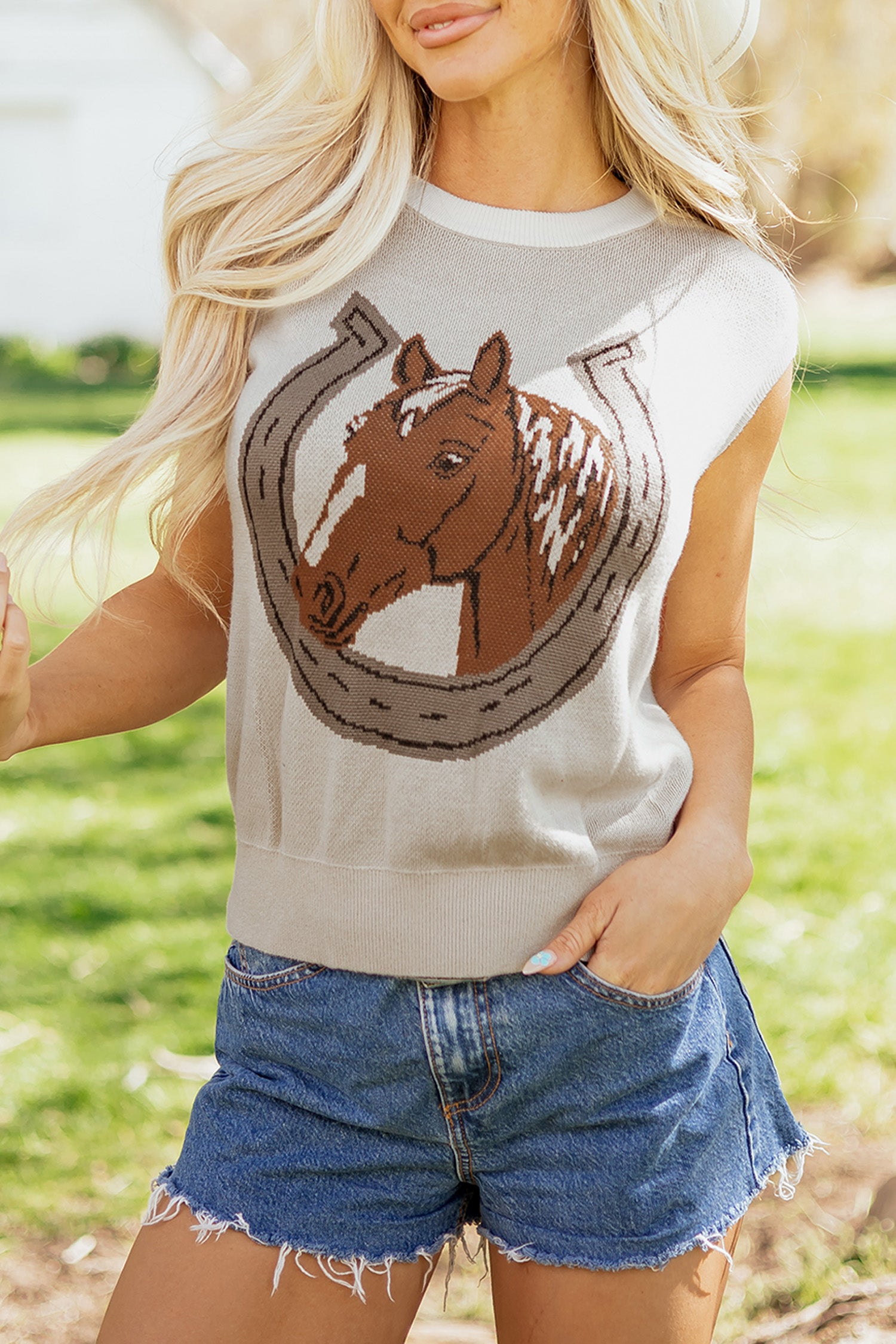 Parchment Horse Shoe Print Color Block Trim Round Neck Sleeveless Sweater
