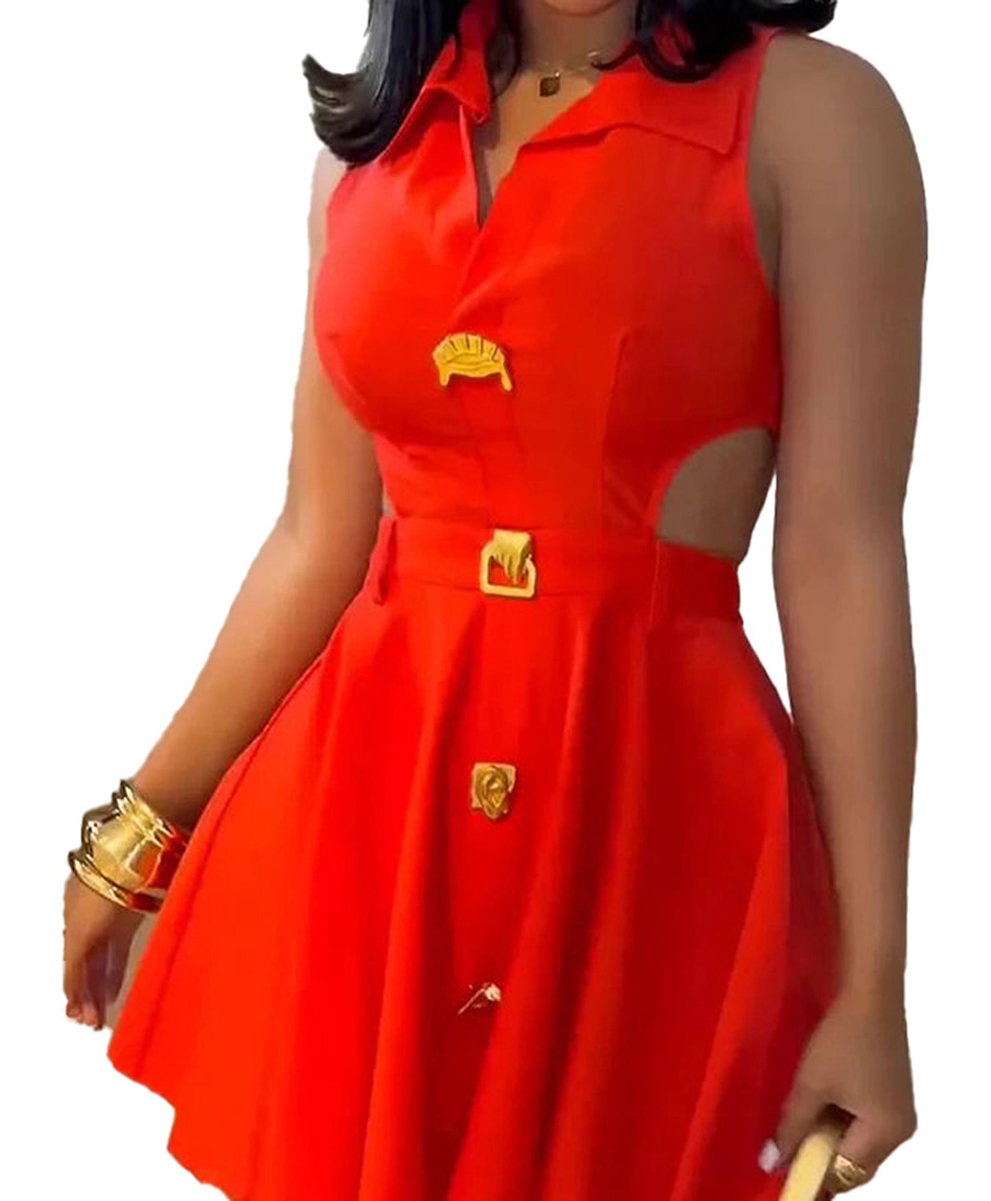 Bright red sleeveless V neck mini dress with stylish cutouts and decorative buttons