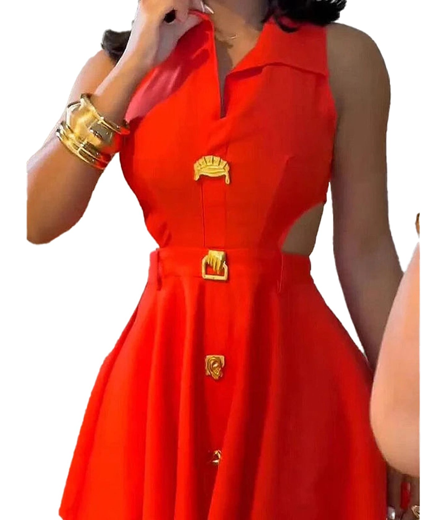 Stunning red sleeveless V neck mini dress with stylish gold button details for a chic summer look