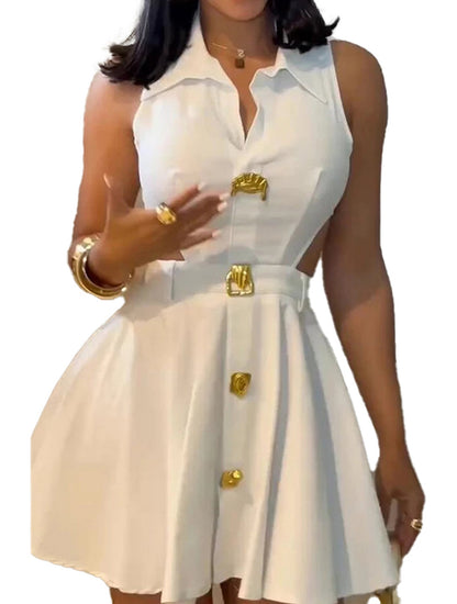 LuckeLadybug LLC Sleeveless V Neck Mini Dress in White with Button Detailing and Flared Skirt