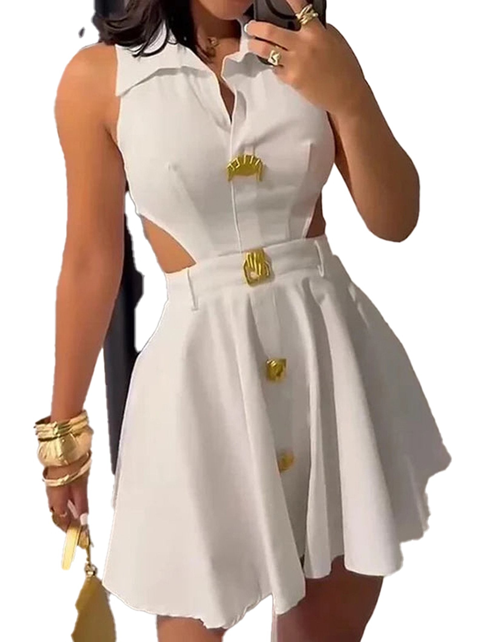 LuckeLadybug LLC Sleeveless V Neck Mini Dress in White with Button Details and Flared Skirt