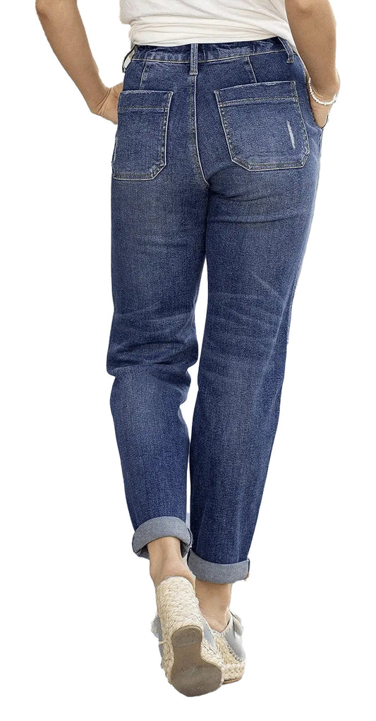 Back view of LuckeLadybug LLC slim fit tie-waist denim jeans for women with rolled hems and pockets