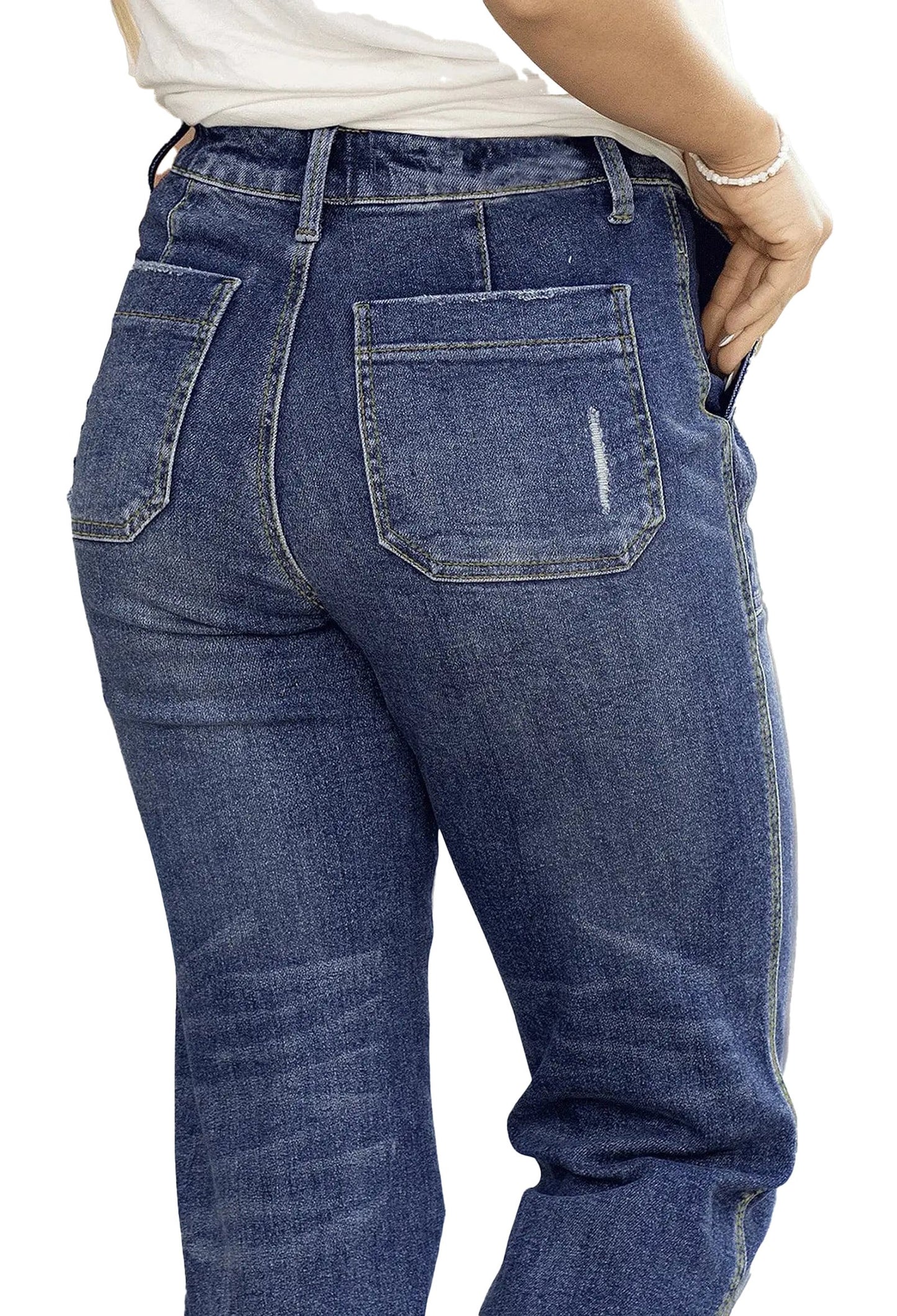 Back view of slim fit tie-waist denim jeans for women in dark blue with pockets